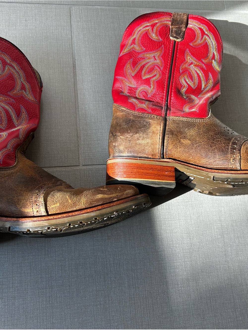 Double H Brown Leather Western Boots with Red Embroidered Shaft